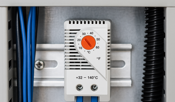 تصویر ترموستات تابلویی نصب‌شده در تابلو برق صنعتی